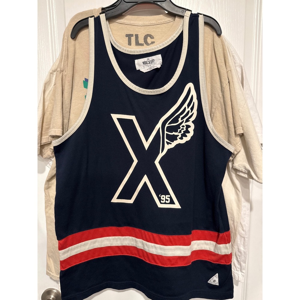 10 Deep Mens Tank Top Large Navy Blue Red White Winged X Graphic